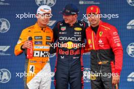 Qualifying top three in parc ferme (L to R): Lando Norris (GBR) McLaren, second; Max Verstappen (NLD) Red Bull Racing, pole position; Carlos Sainz Jr (ESP) Ferrari, third. 03.06.2023. Formula 1 World Championship, Rd 8, Spanish Grand Prix, Barcelona, Spain, Qualifying Day.