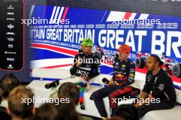 (L to R): Lando Norris (GBR) McLaren; Max Verstappen (NLD) Red Bull Racing; and Lewis Hamilton (GBR) Mercedes AMG F1, in the post race FIA Press Conference. 09.07.2023. Formula 1 World Championship, Rd 11, British Grand Prix, Silverstone, England, Race Day.