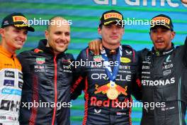 The podium (L to R): Lando Norris (GBR) McLaren, second; Gianpiero Lambiase (ITA) Red Bull Racing Engineer; Max Verstappen (NLD) Red Bull Racing, race winner; Lewis Hamilton (GBR) Mercedes AMG F1, third. 09.07.2023. Formula 1 World Championship, Rd 11, British Grand Prix, Silverstone, England, Race Day.