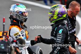 (L to R): Lando Norris (GBR) McLaren celebrates his second position with third placed Lewis Hamilton (GBR) Mercedes AMG F1. 09.07.2023. Formula 1 World Championship, Rd 11, British Grand Prix, Silverstone, England, Race Day.