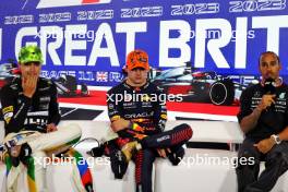 (L to R): Lando Norris (GBR) McLaren; Max Verstappen (NLD) Red Bull Racing; and Lewis Hamilton (GBR) Mercedes AMG F1, in the post race FIA Press Conference. 09.07.2023. Formula 1 World Championship, Rd 11, British Grand Prix, Silverstone, England, Race Day.