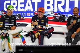 (L to R): Lando Norris (GBR) McLaren; Max Verstappen (NLD) Red Bull Racing; and Lewis Hamilton (GBR) Mercedes AMG F1, in the post race FIA Press Conference. 09.07.2023. Formula 1 World Championship, Rd 11, British Grand Prix, Silverstone, England, Race Day.