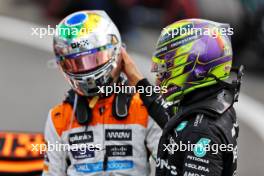 Third placed Lewis Hamilton (GBR) Mercedes AMG F1 in parc ferme with second placed Lando Norris (GBR) McLaren. 09.07.2023. Formula 1 World Championship, Rd 11, British Grand Prix, Silverstone, England, Race Day.