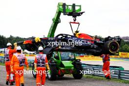 The damaged Red Bull Racing RB19 of Sergio Perez (MEX) Red Bull Racing, who crashed in the first practice session. 21.07.2023. Formula 1 World Championship, Rd 12, Hungarian Grand Prix, Budapest, Hungary, Practice Day.