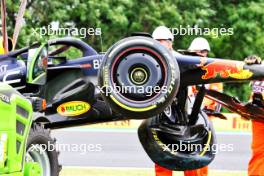 The damaged Red Bull Racing RB19 of Sergio Perez (MEX) Red Bull Racing, who crashed in the first practice session. 21.07.2023. Formula 1 World Championship, Rd 12, Hungarian Grand Prix, Budapest, Hungary, Practice Day.