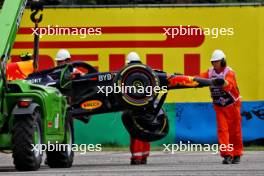 Sergio Perez (MEX) Red Bull Racing RB19 crashed in the first practice session. 21.07.2023. Formula 1 World Championship, Rd 12, Hungarian Grand Prix, Budapest, Hungary, Practice Day.