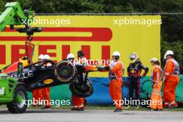 Sergio Perez (MEX) Red Bull Racing RB19 crashed in the first practice session. 21.07.2023. Formula 1 World Championship, Rd 12, Hungarian Grand Prix, Budapest, Hungary, Practice Day.