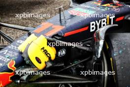 The damaged Red Bull Racing RB19 of Sergio Perez (MEX) Red Bull Racing, who crashed in the first practice session. 21.07.2023. Formula 1 World Championship, Rd 12, Hungarian Grand Prix, Budapest, Hungary, Practice Day.