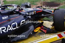 The damaged Red Bull Racing RB19 of Sergio Perez (MEX) is recovered back to the pits on the back of a truck.  21.07.2023. Formula 1 World Championship, Rd 12, Hungarian Grand Prix, Budapest, Hungary, Practice Day.