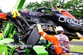 The damaged Red Bull Racing RB19 of Sergio Perez (MEX) Red Bull Racing, who crashed in the first practice session. 21.07.2023. Formula 1 World Championship, Rd 12, Hungarian Grand Prix, Budapest, Hungary, Practice Day.