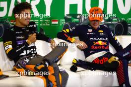 (L to R): Lando Norris (GBR) McLaren and Max Verstappen (NLD) Red Bull Racing in the post race FIA Press Conference. 23.07.2023. Formula 1 World Championship, Rd 12, Hungarian Grand Prix, Budapest, Hungary, Race Day.