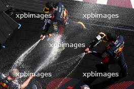 Race winner Max Verstappen (NLD) Red Bull Racing (Right) celebrates with third placed team mate Sergio Perez (MEX) Red Bull Racing and Paul Monaghan (GBR) Red Bull Racing Chief Engineer on the podium. 23.07.2023. Formula 1 World Championship, Rd 12, Hungarian Grand Prix, Budapest, Hungary, Race Day.