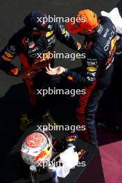 (L to R): Third placed Sergio Perez (MEX) Red Bull Racing with race winner and team mate Max Verstappen (NLD) Red Bull Racing in parc ferme. 23.07.2023. Formula 1 World Championship, Rd 12, Hungarian Grand Prix, Budapest, Hungary, Race Day.