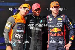 Qualifying top three in parc ferme (L to R): Lando Norris (GBR) McLaren, third; Lewis Hamilton (GBR) Mercedes AMG F1, pole position; Max Verstappen (NLD) Red Bull Racing, second. 22.07.2023. Formula 1 World Championship, Rd 12, Hungarian Grand Prix, Budapest, Hungary, Qualifying Day.