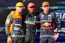 Qualifying top three in parc ferme (L to R): Lando Norris (GBR) McLaren, third; Lewis Hamilton (GBR) Mercedes AMG F1, pole position; Max Verstappen (NLD) Red Bull Racing, second. 22.07.2023. Formula 1 World Championship, Rd 12, Hungarian Grand Prix, Budapest, Hungary, Qualifying Day.