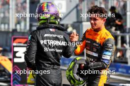 (L to R): Pole sitter Lewis Hamilton (GBR) Mercedes AMG F1 in qualifying parc ferme with third placed Lewis Hamilton (GBR) Mercedes AMG F1. 22.07.2023. Formula 1 World Championship, Rd 12, Hungarian Grand Prix, Budapest, Hungary, Qualifying Day.