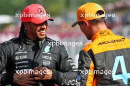 (L to R): Pole sitter Lewis Hamilton (GBR) Mercedes AMG F1 in qualifying parc ferme with third placed Lewis Hamilton (GBR) Mercedes AMG F1. 22.07.2023. Formula 1 World Championship, Rd 12, Hungarian Grand Prix, Budapest, Hungary, Qualifying Day.