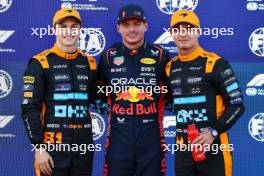 Qualifying top three in parc ferme (L to R): Oscar Piastri (AUS) McLaren, second; Max Verstappen (NLD) Red Bull Racing, pole position; Lando Norris (GBR) McLaren, third. 23.09.2023. Formula 1 World Championship, Rd 17, Japanese Grand Prix, Suzuka, Japan, Qualifying Day.