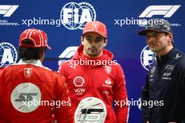 (L to R): Carlos Sainz Jr (ESP) Ferrari; Charles Leclerc (MON) Ferrari; and Max Verstappen (NLD) Red Bull Racing, in qualifying parc ferme. 17.11.2023. Formula 1 World Championship, Rd 22, Las Vegas Grand Prix, Las Vegas, Nevada, USA, Qualifying Day.
