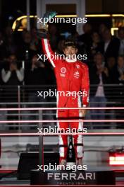 Charles Leclerc (MON) Ferrari celebrates his second position on the podium. 18.11.2023. Formula 1 World Championship, Rd 22, Las Vegas Grand Prix, Las Vegas, Nevada, USA, Race Day.