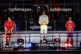  The podium (L to R): Charles Leclerc (MON) Ferrari, second; Max Verstappen (NLD) Red Bull Racing, race winner;  Sergio Perez (MEX) Red Bull Racing, third. 18.11.2023. Formula 1 World Championship, Rd 22, Las Vegas Grand Prix, Las Vegas, Nevada, USA, Race Day.