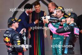 The podium (L to R): Max Verstappen (NLD) Red Bull Racing; race winner; Fernando Alonso (ESP) Aston Martin F1 Team, second; Esteban Ocon (FRA) Alpine F1 Team, third. 28.05.2023. Formula 1 World Championship, Rd 7, Monaco Grand Prix, Monte Carlo, Monaco, Race Day.