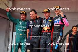 The podium (L to R): Fernando Alonso (ESP) Aston Martin F1 Team, second; Pierre Wache (FRA) Red Bull Racing Technical Director; Max Verstappen (NLD) Red Bull Racing, race winner; Esteban Ocon (FRA) Alpine F1 Team, third. 28.05.2023. Formula 1 World Championship, Rd 7, Monaco Grand Prix, Monte Carlo, Monaco, Race Day.