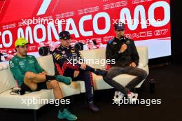 lktr Fernando Alonso (ESP) Aston Martin F1 Team; Max Verstappen (NLD) Red Bull Racing; and Esteban Ocon (FRA) Alpine F1 Team, in the post race FIA Press Conference. 28.05.2023. Formula 1 World Championship, Rd 7, Monaco Grand Prix, Monte Carlo, Monaco, Race Day.