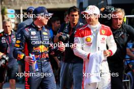 (L to R): Pole sitter Max Verstappen (NLD) Red Bull Racing with third placed Charles Leclerc (MON) Ferrari in qualifying parc ferme. 27.05.2023. Formula 1 World Championship, Rd 7, Monaco Grand Prix, Monte Carlo, Monaco, Qualifying Day.
