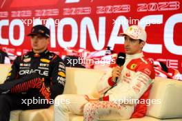 Charles Leclerc (MON) Ferrari and Max Verstappen (NLD) Red Bull Racing in the post qualifying FIA Press Conference. 27.05.2023. Formula 1 World Championship, Rd 7, Monaco Grand Prix, Monte Carlo, Monaco, Qualifying Day.