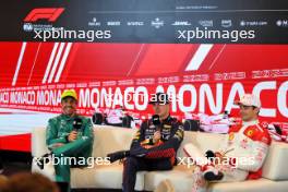 (L to R): Fernando Alonso (ESP) Aston Martin F1 Team; Max Verstappen (NLD) Red Bull Racing; and Charles Leclerc (MON) Ferrari, in the post qualifying FIA Press Conference. 27.05.2023. Formula 1 World Championship, Rd 7, Monaco Grand Prix, Monte Carlo, Monaco, Qualifying Day.