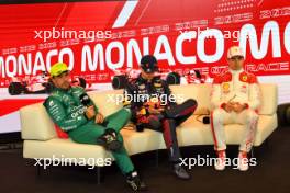 (L to R): Fernando Alonso (ESP) Aston Martin F1 Team; Max Verstappen (NLD) Red Bull Racing; and Charles Leclerc (MON) Ferrari, in the post qualifying FIA Press Conference. 27.05.2023. Formula 1 World Championship, Rd 7, Monaco Grand Prix, Monte Carlo, Monaco, Qualifying Day.