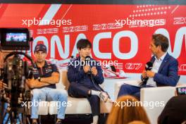 (L to R): Sergio Perez (MEX) Red Bull Racing and Yuki Tsunoda (JPN) AlphaTauri with Tom Clarkson (GBR) Journalist in the FIA Press Conference. 25.05.2023. Formula 1 World Championship, Rd 7, Monaco Grand Prix, Monte Carlo, Monaco, Preparation Day.