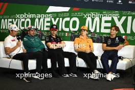 (L to R): Sergio Perez (MEX) Red Bull Racing; Fernando Alonso (ESP) Aston Martin F1 Team; Zhou Guanyu (CHN) Alfa Romeo F1 Team; Oscar Piastri (AUS) McLaren; and George Russell (GBR) Mercedes AMG F1, in the FIA Press Conference. 26.10.2023. Formula 1 World Championship, Rd 20, Mexican Grand Prix, Mexico City, Mexico, Preparation Day.