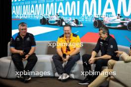 (L to R): Otmar Szafnauer (USA) Alpine F1 Team, Team Principal; Zak Brown (USA) McLaren Executive Director; and Guenther Steiner (ITA) Haas F1 Team Prinicipal, in the FIA Press Conference. 05.05.2023. Formula 1 World Championship, Rd 5, Miami Grand Prix, Miami, Florida, USA, Practice Day.