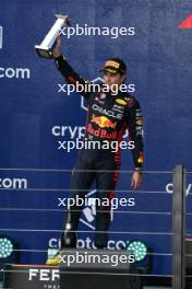 Sergio Perez (MEX) Red Bull Racing celebrates his second position on the podium. 07.05.2023. Formula 1 World Championship, Rd 5, Miami Grand Prix, Miami, Florida, USA, Race Day.