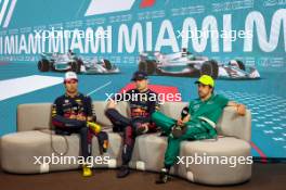 (L to R): Sergio Perez (MEX) Red Bull Racing; Max Verstappen (NLD) Red Bull Racing; and Fernando Alonso (ESP) Aston Martin F1 Team, in the post race FIA Press Conference. 07.05.2023. Formula 1 World Championship, Rd 5, Miami Grand Prix, Miami, Florida, USA, Race Day.