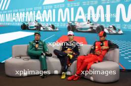 (L to R): Fernando Alonso (ESP) Aston Martin F1 Team; Sergio Perez (MEX) Red Bull Racing; and Carlos Sainz Jr (ESP) Ferrari, in the post qualifying FIA Press Conference. 06.05.2023. Formula 1 World Championship, Rd 5, Miami Grand Prix, Miami, Florida, USA, Qualifying Day.