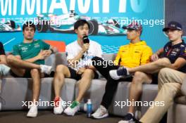 (L to R): Lance Stroll (CDN) Aston Martin F1 Team; Zhou Guanyu (CHN) Alfa Romeo F1 Team; Lando Norris (GBR) McLaren; and Max Verstappen (NLD) Red Bull Racing, in the FIA Press Conference. 04.05.2023. Formula 1 World Championship, Rd 5, Miami Grand Prix, Miami, Florida, USA, Preparation Day.