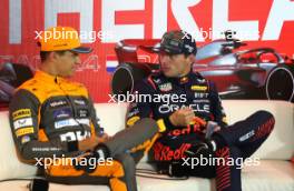 (L to R): Lando Norris (GBR) McLaren; and Max Verstappen (NLD) Red Bull Racing, in the post qualifying FIA Press Conference. 26.08.2023. Formula 1 World Championship, Rd 14, Dutch Grand Prix, Zandvoort, Netherlands, Qualifying Day.
