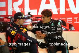 (L to R): Max Verstappen (NLD) Red Bull Racing and George Russell (GBR) Mercedes AMG F1 in the post qualifying FIA Press Conference. 26.08.2023. Formula 1 World Championship, Rd 14, Dutch Grand Prix, Zandvoort, Netherlands, Qualifying Day.