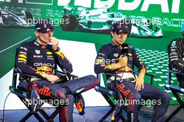 (L to R): Max Verstappen (NLD) Red Bull Racing and race winner Sergio Perez (MEX) Red Bull Racing in the the post race FIA Press Conference. 19.03.2023. Formula 1 World Championship, Rd 2, Saudi Arabian Grand Prix, Jeddah, Saudi Arabia, Race Day.