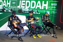 (L to R): Max Verstappen (NLD) Red Bull Racing, second; Sergio Perez (MEX) Red Bull Racing, race winner; and George Russell (GBR) Mercedes AMG F1, fourth, in the the post race FIA Press Conference. 19.03.2023. Formula 1 World Championship, Rd 2, Saudi Arabian Grand Prix, Jeddah, Saudi Arabia, Race Day.