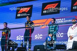 The podium (L to R): Max Verstappen (NLD) Red Bull Racing, second; Sergio Perez (MEX) Red Bull Racing, race winner; Fernando Alonso (ESP) Aston Martin F1 Team, third. 19.03.2023. Formula 1 World Championship, Rd 2, Saudi Arabian Grand Prix, Jeddah, Saudi Arabia, Race Day.