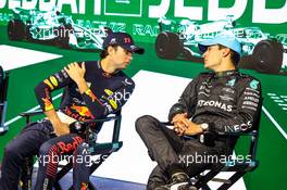 (L to R): Race winner Sergio Perez (MEX) Red Bull Racing and fourth placed George Russell (GBR) Mercedes AMG F1 in the the post race FIA Press Conference. 19.03.2023. Formula 1 World Championship, Rd 2, Saudi Arabian Grand Prix, Jeddah, Saudi Arabia, Race Day.