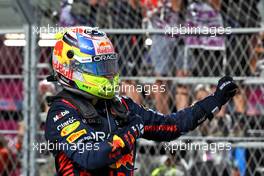 Race winner Sergio Perez (MEX) Red Bull Racing celebrates in parc ferme. 19.03.2023. Formula 1 World Championship, Rd 2, Saudi Arabian Grand Prix, Jeddah, Saudi Arabia, Race Day.