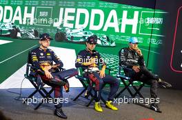 (L to R): Max Verstappen (NLD) Red Bull Racing, second; Sergio Perez (MEX) Red Bull Racing, race winner; and George Russell (GBR) Mercedes AMG F1, fourth, in the the post race FIA Press Conference. 19.03.2023. Formula 1 World Championship, Rd 2, Saudi Arabian Grand Prix, Jeddah, Saudi Arabia, Race Day.
