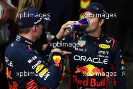 2nd place Max Verstappen (NLD) Red Bull Racing RB19 with 1st place for Sergio Perez (MEX) Red Bull Racing. 19.03.2023. Formula 1 World Championship, Rd 2, Saudi Arabian Grand Prix, Jeddah, Saudi Arabia, Race Day.