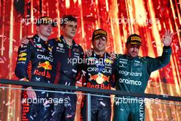 The podium (L to R): Max Verstappen (NLD) Red Bull Racing, second; Ben Waterhouse (GBR) Red Bull Racing Head of Performance Engineering; Sergio Perez (MEX) Red Bull Racing, race winner; Fernando Alonso (ESP) Aston Martin F1 Team, third. 19.03.2023. Formula 1 World Championship, Rd 2, Saudi Arabian Grand Prix, Jeddah, Saudi Arabia, Race Day.