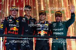 1st place Sergio Perez (MEX) Red Bull Racing RB19, 2nd place Max Verstappen (NLD) Red Bull Racing RB19 and 3rd place Fernando Alonso (ESP) Aston Martin F1 Team, with Ben Waterhouse, Red Bull Racing 19.03.2023. Formula 1 World Championship, Rd 2, Saudi Arabian Grand Prix, Jeddah, Saudi Arabia, Race Day.